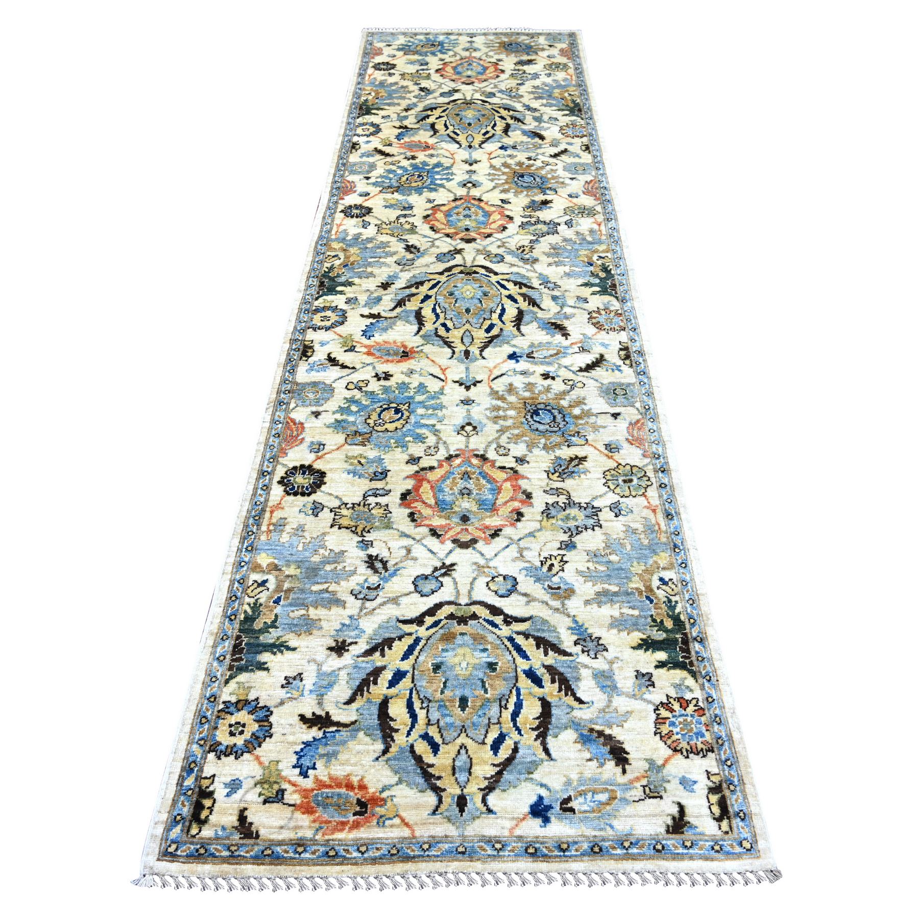 3'1"x11'5" Chiffon White, Afghan Super Kazak with Large Flower Elements, Vegetable Dyes, Pure Wool, Hand Knotted, Runner, Oriental Rug 